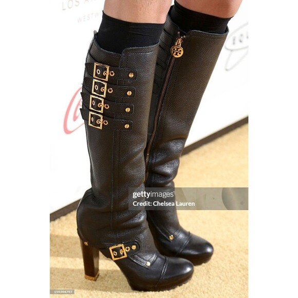 Tory Burch Boots Womens Size 9.5 Black Leather Tall Knee High Gold Buckle 1783 - Picture 2 of 9